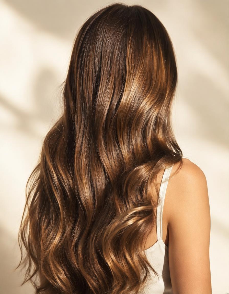 Concept image: long wavy brunette hair with soft caramel highlights, seen from behind