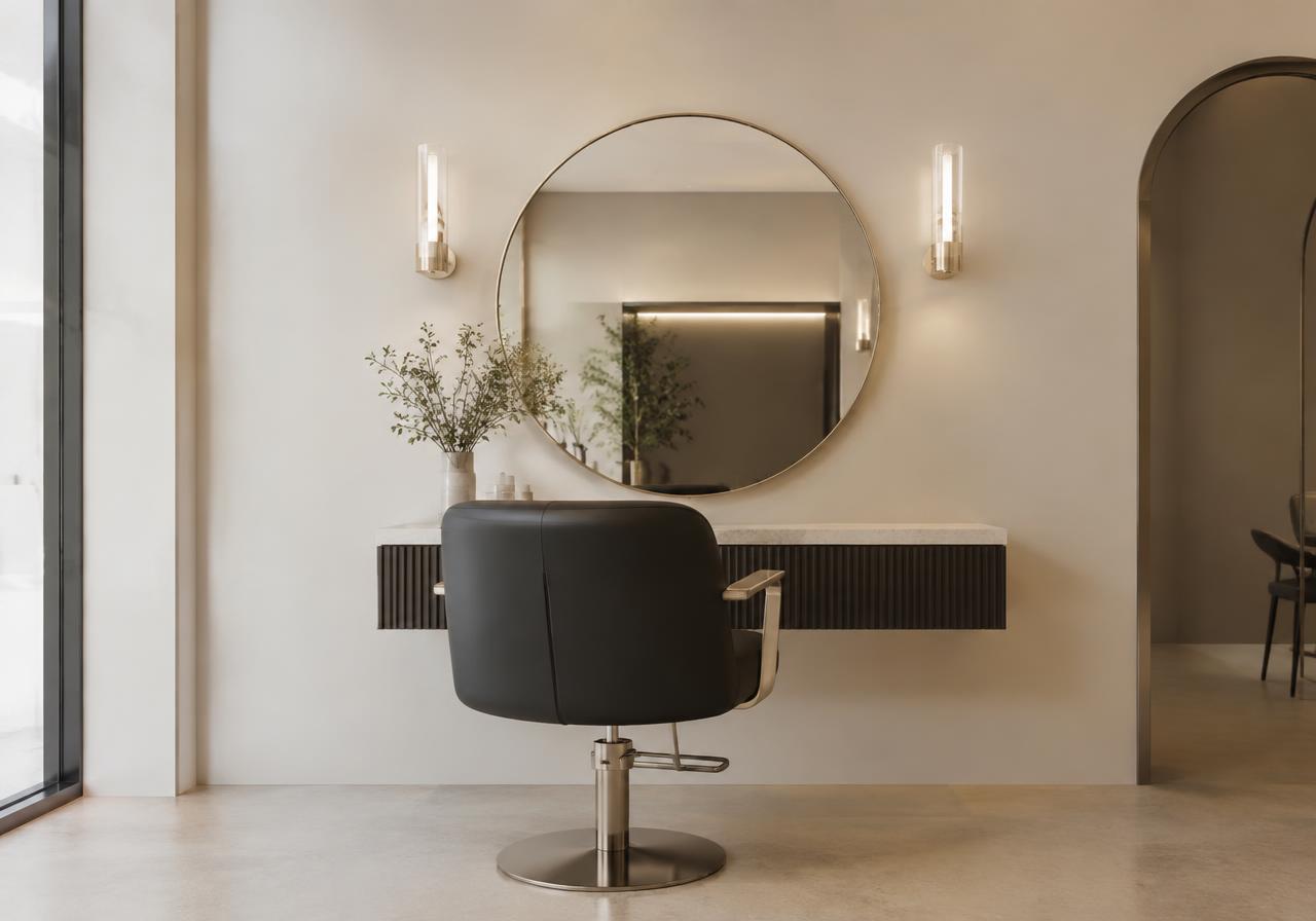 Concept image: minimal salon styling station with round mirror and black chair